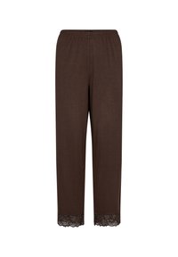 Pantaloni ampi color marrone realizzati in tessuto morbido, con un bordo in pizzo all'orlo. Vita elasticizzata per il massimo comfort. Design elegante e versatile.