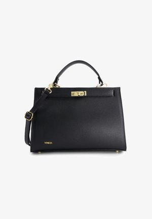 Black textured leather handbag with top handle, shoulder strap, gold-tone clasp, and small gold "VENEZIA" logo on front.