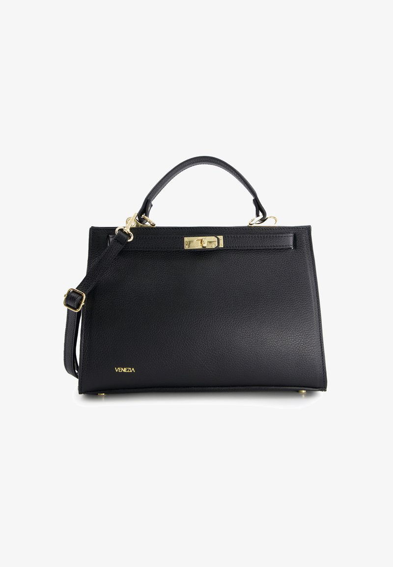 Schwarze, strukturierten Lederhandtasche mit Oberhandgriff, Schulterriemen, goldfarbenem Verschluss und kleinem goldenen "VENEZIA"-Logo auf der Vorderseite.