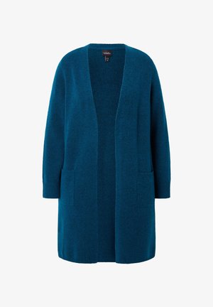 Dlouhý kardigan s otevřeným předním dílem v tmavě tyrkysové barvě. Obsahuje kapsy, žebrované manžety a měkký, texturovaný pletený materiál.