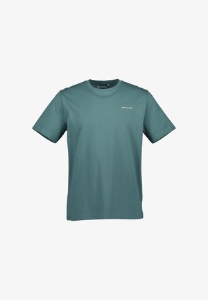 Türkisfarbene Kurzarm-T-Shirt aus Baumwolle, mit Rundhalsausschnitt und einem kleinen Aufdruck auf der Brust, der "RELAX und CHILL" sagt.