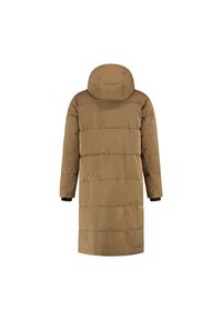 Lange bruin gewatteerde winterjas met capuchon en zwarte binnenmanchetten, gezien vanaf de achterkant op een witte achtergrond.