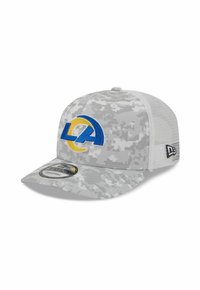 Graue Camouflage-Kappe mit gebogenem Schild, präsentiert ein gesticktes blaues und gelbes LA-Logo auf der Vorderseite, Netzrücken und verstellbarem Riemen.