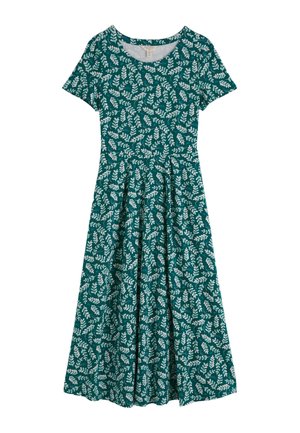 Türkisfarbenes knielanges Kleid mit kurzen Ärmeln und weißem Blattmuster, tailliertem Schnitt und rundem Ausschnitt.