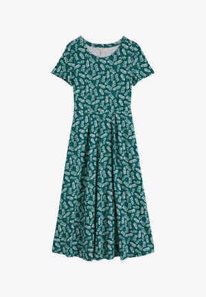 Türkisfarbenes knielanges Kleid mit kurzen Ärmeln und weißem Blattmuster, tailliertem Schnitt und rundem Ausschnitt.