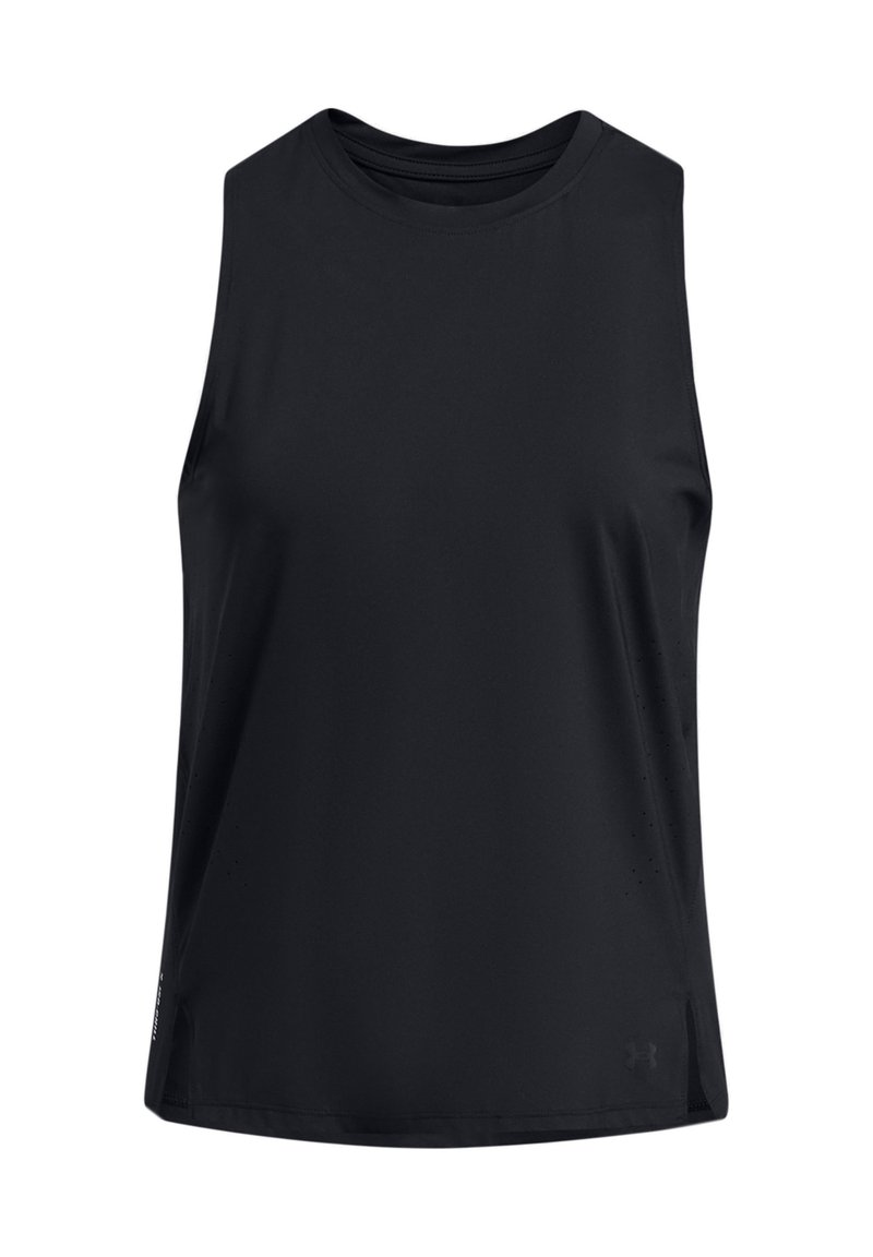 Top atletico senza maniche nero realizzato in tessuto leggero, caratterizzato da un collo rotondo e spacchi laterali per una migliore ventilazione.