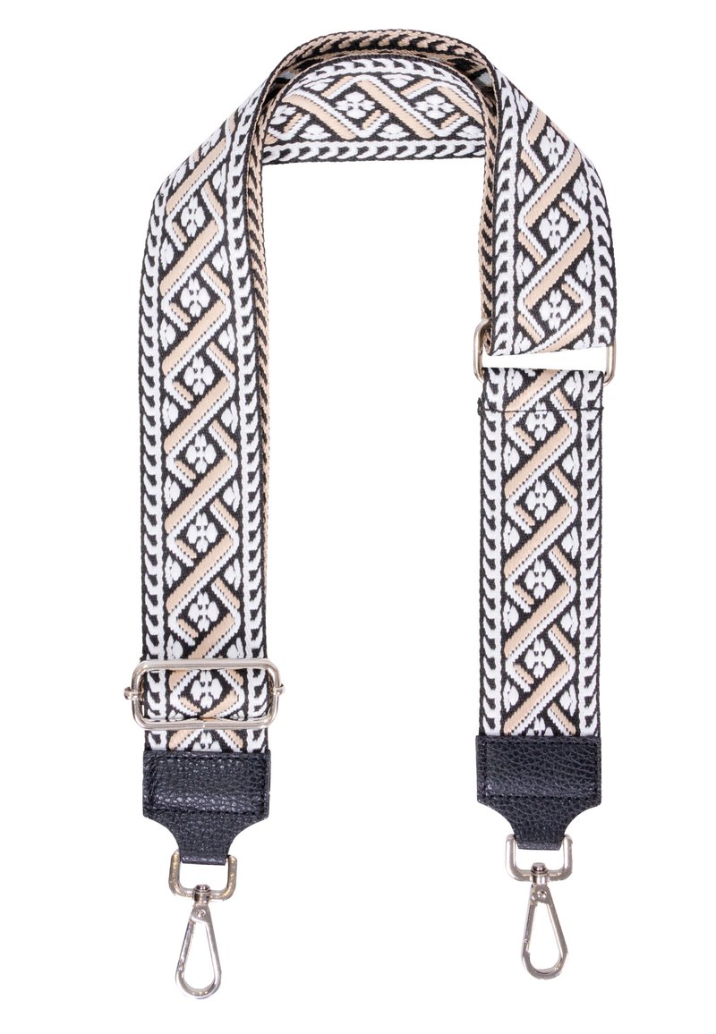 Sangle en tissu tissé noire, blanche et beige avec des motifs géométriques et des accents en cuir. Comprend deux clips métalliques pour l'attache.
