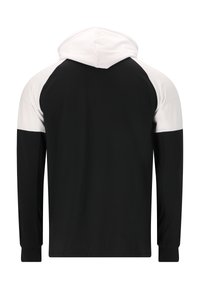 Huvtröja med svart kropp och vita detaljer på axlarna, långa ärmar och en avslappnad passform. Materialet verkar mjukt med en slät textur.