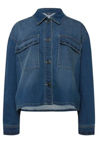 Giubbotto in denim blu scuro con chiusura a bottoni, due tasche sul petto e dettagli ricamati sui lembi delle tasche. Vestibilità ampia e colletto stile camicia.