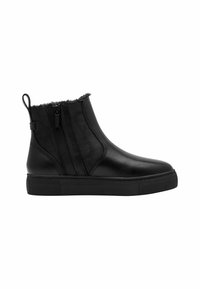 Schwarze Knöchelstiefel aus glattem Leder, mit einem Kunstfellfutter, seitlichen Reißverschlüssen und einer flachen Gummisohle mit dezenten Nähtelementen.