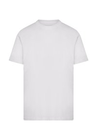 Weißes Baumwoll-T-Shirt mit kurzen Ärmeln und rundem Ausschnitt. Glatte Textur, klassischer gerader Schnitt, keine sichtbaren Muster oder Akzente.
