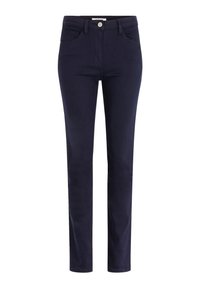 Marineblauwe recht gesneden jeans van katoenmix. Voorzien van riemlussen, steekzakken aan de voorkant en een knoopsluiting aan de voorkant. Glad van structuur.