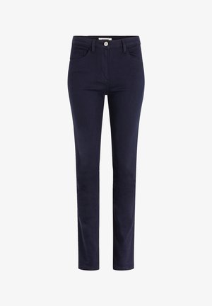 Marineblå lige ben jeans lavet af bomuldsblandingsstof. Har bæltestropper, foran lommer og en frontknap lukning. Glat tekstur.