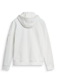 Felpa bianca con cappuccio, tasca a marsupio, polsini a costine e un tessuto testurizzato. Presenta un design semplice con una vestibilità comoda.