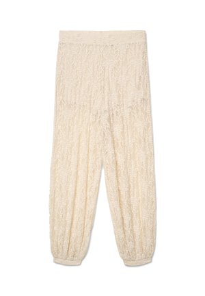 Pantaloni in pizzo color crema con vita e polsini elasticizzati, con motivi floreali su tutto il tessuto.