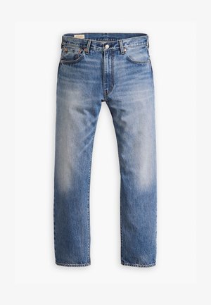 Jeans in denim blu con una finitura sbiadita, design a gamba dritta, stile a cinque tasche e rivetti in bronzo. Il tessuto ha una texture classica.