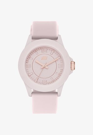 Roze analoog horloge met ronde wijzerplaat, roségouden uurmarkeringen en wijzers, siliconen bandje, toont tijd 10:10:35.
