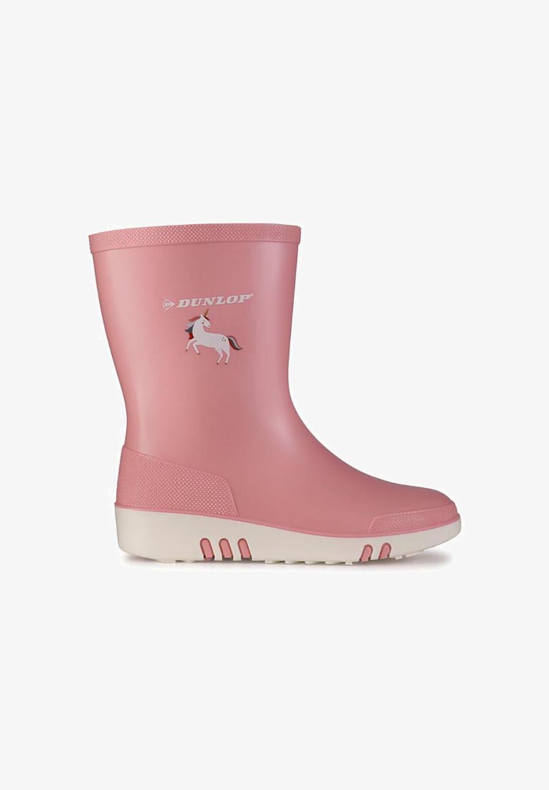 Pink rubber rain boot with a smooth finish, featuring a unicorn graphic, a white sole, and textured grip accents on the heel.