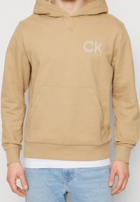 Hoodie in cotone beige con tasca a marsupio, cappuccio regolabile con lacci e logo "CK" ricamato sul petto. Tessuto liscio, vestibilità comoda.