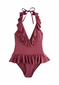 Bordó jednocílný plavky s volánkovým výstřihem a peplum detailem. Uvázání za krk a hluboký výstřih ve tvaru V pro přiléhavý design. Hladká textura.