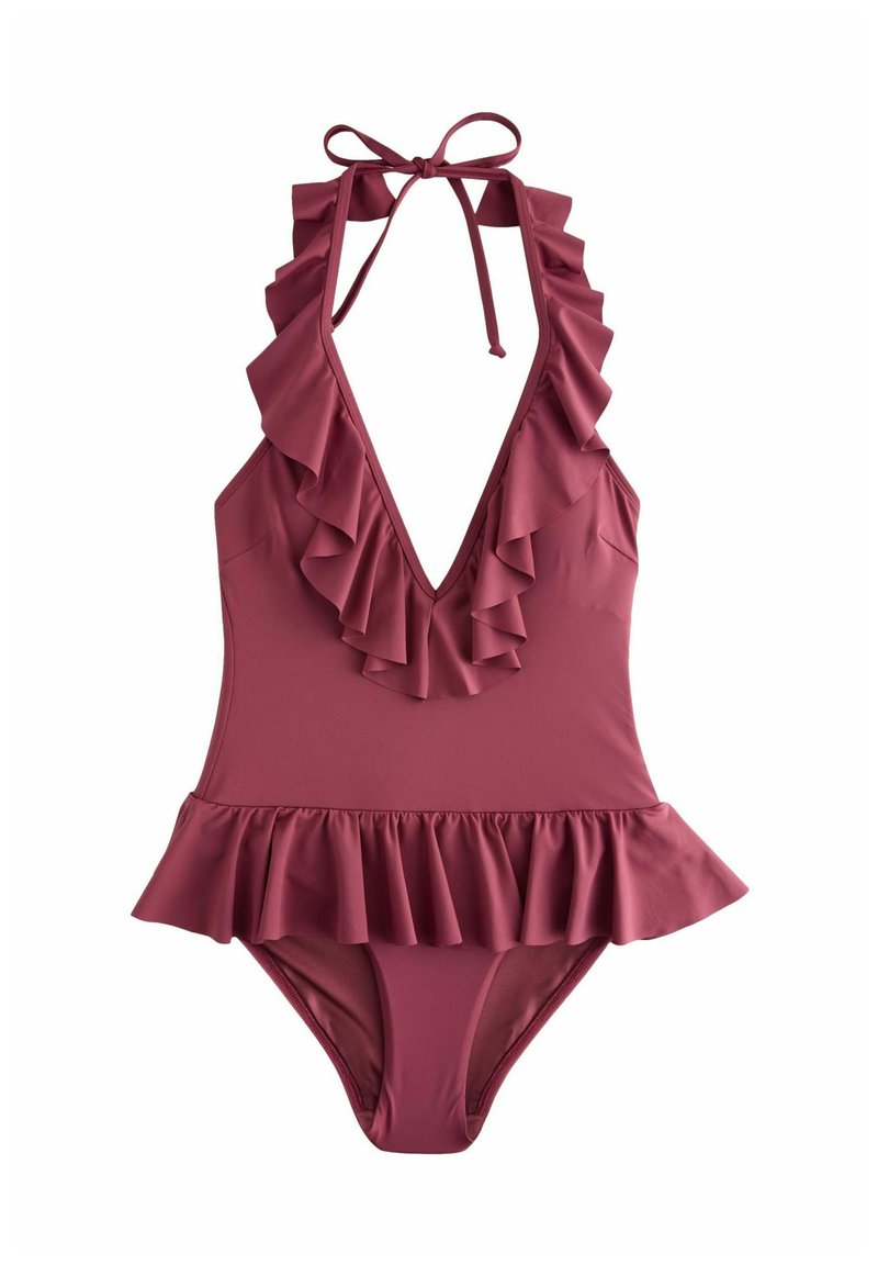 Bordó jednocílný plavky s volánkovým výstřihem a peplum detailem. Uvázání za krk a hluboký výstřih ve tvaru V pro přiléhavý design. Hladká textura.