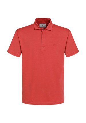 Rotes Poloshirt mit einem Kragen, zwei Knopfleisten und kurzen Ärmeln. Hergestellt aus weicher Stoffqualität und mit einem kleinen Logo auf der Brust.