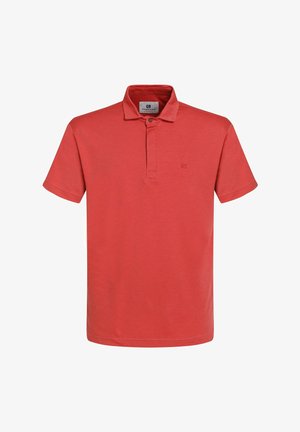 Rdeča polo majica s ovratnikom, dvema gumboma in kratkimi rokavi. Izdelana iz mehkega blaga, z malim logotipom na prsih.