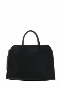 Sac à main en cuir noir avec un sommet arrondi, deux anses et une surface texturée. Présente des accents lisses et un design structuré.