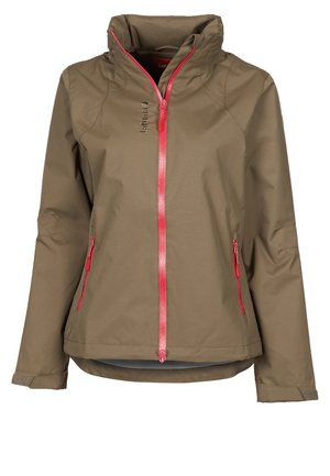 Brązowa damska kurtka softshell z wysokim kołnierzem i jaskrawo różowymi zamkami błyskawicznymi z przodu i na kieszeniach, z logo Lafuma na piersi.