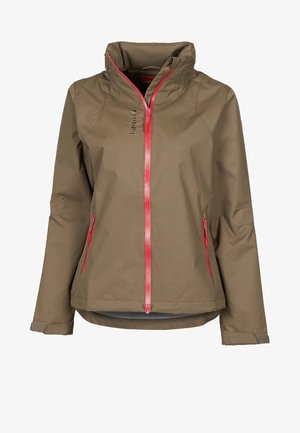 Veste softshell marron pour femme avec col montant et zips avant et poches rose vif, avec le logo Lafuma sur la poitrine.