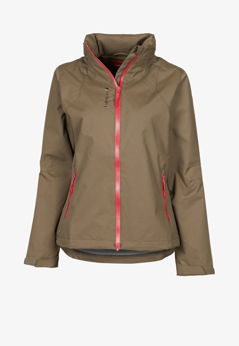 Veste softshell marron pour femme avec col montant et zips avant et poches rose vif, avec le logo Lafuma sur la poitrine.