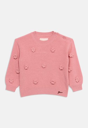 Maglione rosa lavorato a maglia con scollo rotondo, maniche lunghe, motivi floreali testurizzati e dettaglio di bottoni laterali sulla spalla. Presenta un logo ricamato all'orlo.