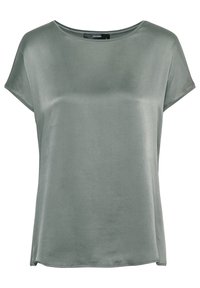 Kortärmad topp i dämpad grön, tillverkad av slät tyg. Har en avslappnad passform och rund halsringning. Inga synliga mönster eller detaljer.