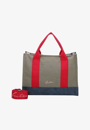Torba typu tote z materiału canvas z czerwonymi uchwytami, szarym korpusem, granatowym dolnym obszyciem oraz odpinanym czerwonym paskiem z logo „fritzi” w różowym stylu pisma odręcznego.