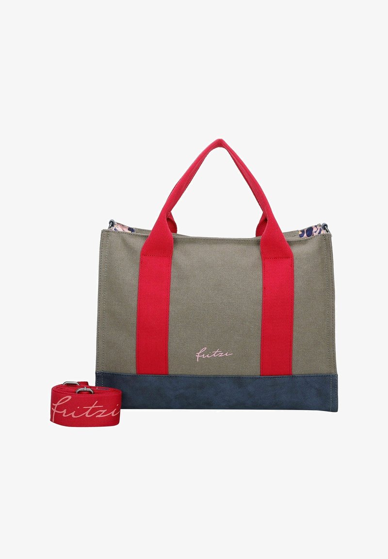 Sac fourre-tout en toile avec poignées rouges, corps gris, bordure inférieure bleu marine et bandoulière rouge amovible avec logo « fritzi » en écriture rose.