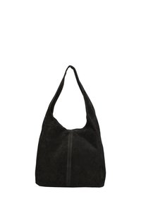 Zwarte suede schoudertas met brede strap en verticale naad in het midden, tegen een witte achtergrond.