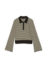 Polo a maniche lunghe a righe orizzontali nere e beige con colletto nero e fila di bottoni, disposto su uno sfondo bianco.