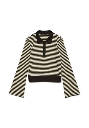 Zwart en beige horizontaal gestreepte longsleeve poloshirt met een zwarte kraag en knoopsluiting, plat gelegd op een witte achtergrond.