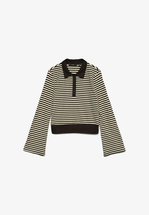 Črna in bež horizontalno prugasta dolg rokav polo majica z črnim ovratnikom in gumbnim zapiranjem, ležijo na belem ozadju.