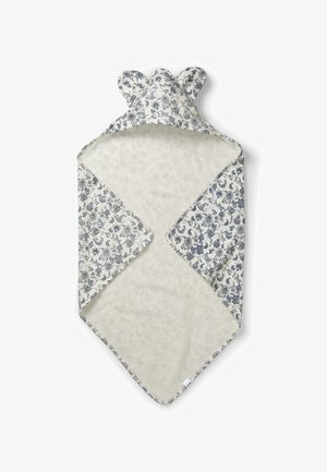 Asciugamano con un motivo floreale blu su uno sfondo crema, dotato di un cappuccio con due orecchie arrotondate. Texture morbida e forma triangolare.