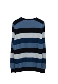 Gestreifter Pullover in Farbtönen von Blau, Schwarz und Grau. Mit Rundhalsausschnitt, langen Ärmeln und gerippten Bündchen und Saum. Weiche Stricktextur.