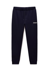 Marineblaue Jogginghose mit elastischem Bund und Kordelzug, ausgestattet mit einem weißen Logo auf dem linken Oberschenkel und gerippten Bündchen an den Knöcheln.