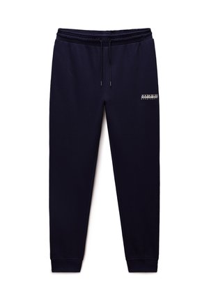 Navy blue sweatpants with elastic waistband and drawstring, featuring a logo in white on the left thigh and ribbed cuffs at the ankles.