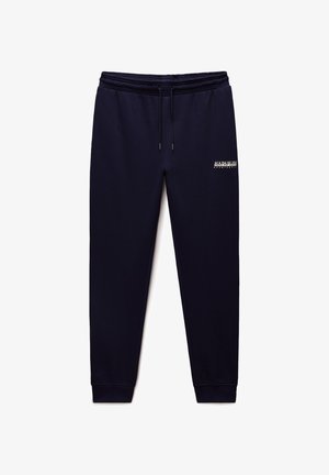 Pantaloni della tuta blu navy con vita elasticizzata e cordino, caratterizzati da un logo bianco sulla coscia sinistra e polsini a coste alle caviglie.