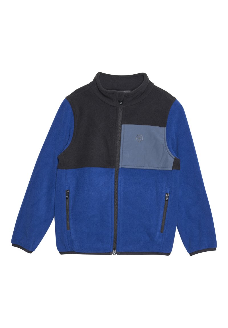 Giacca in pile con una sezione superiore nera e una sezione inferiore blu. Presenta un pannello toracico grigio, colletto alto e tasche con zip.