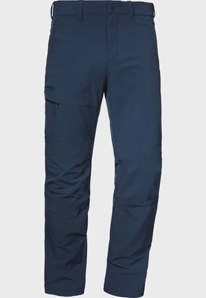 Marineblaue Outdoor-Hosen aus leichtem, strapazierfähigem Stoff. Mit Reißverschlusstasche, vorgeformten Knien und geradem Schnitt.