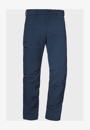 Marineblaue Outdoor-Hosen aus leichtem, strapazierfähigem Stoff. Mit Reißverschlusstasche, vorgeformten Knien und geradem Schnitt.