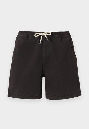 Zwarte casual korte broek met elastische tailleband en wit trekkoord, voorzien van zijzakken en eenvoudige stikseldetails.