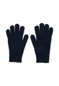 Granatowe dzianinowe rękawiczki z prążkowanymi mankietami, designem na pięć palców, teksturowanym materiałem oraz równomiernym wykończeniem tkaniny. Brak dodatkowych ozdób.