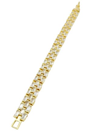 Bracciale in tonalità oro con alternanza di link rettangolari e quadrati, adornato con cristalli rettangolari trasparenti, texture liscia e chiusura a scatola.